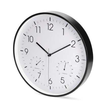 Ceas de perete cu termometru și higrometru, Ø 30,5 cm, 1xAA, negru