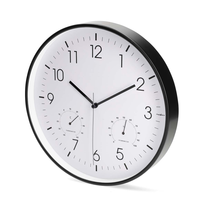 Ceas de perete cu termometru și higrometru, Ø 30,5 cm, 1xAA, negru