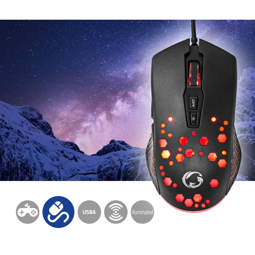 Mouse de gaming LED neagră, 7 butoane, 800/1200/2400/3200/4800/7200 DPI