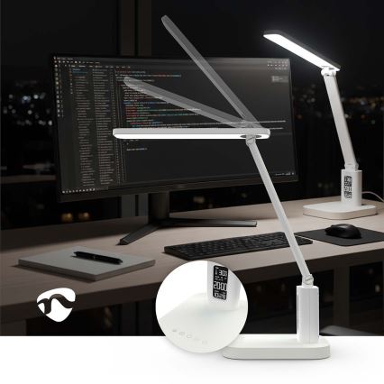 Lampă de birou LED tactilă, reîncărcabilă, reglabilă, cu afișaj, 7,5 W, baterie 1200 mAh, 3000/4000/5700 K, CRI 90, alb