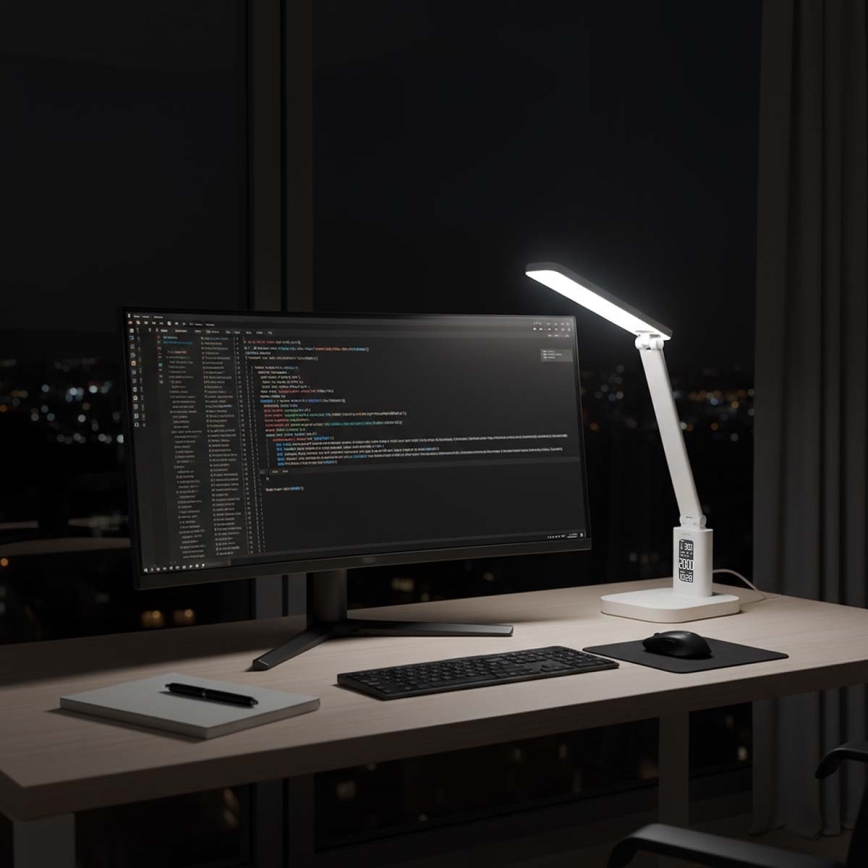 Lampă de birou LED tactilă, reîncărcabilă, reglabilă, cu afișaj, 7,5 W, baterie 1200 mAh, 3000/4000/5700 K, CRI 90, alb