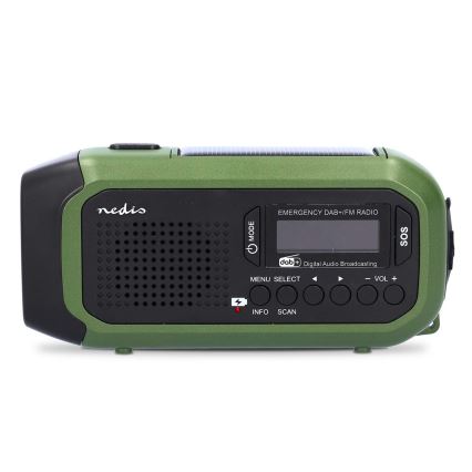 Radio DAB+/FM cu manivelă, panou solar și lanternă LED, 5V/2500 mAh, verde/negru