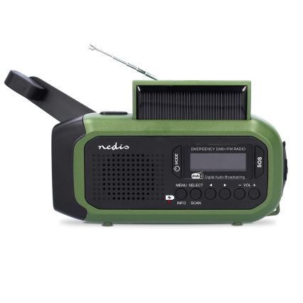 Radio DAB+/FM cu manivelă, panou solar și lanternă LED, 5V/2500 mAh, verde/negru
