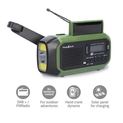 Radio DAB+/FM cu manivelă, panou solar și lanternă LED, 5V/2500 mAh, verde/negru