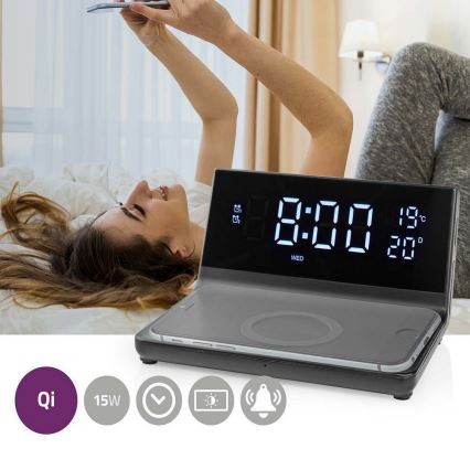 Ceas deșteptător cu ecran LCD și încărcător wireless 15W/5V + 1xCR2032 negru