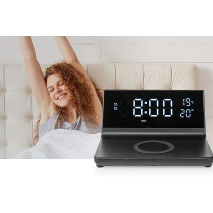 Ceas deșteptător cu ecran LCD și încărcător wireless 15W/5V + 1xCR2032 negru