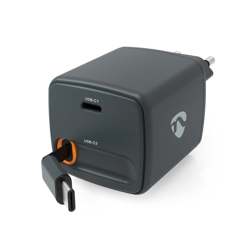 Încărcător cu cablu retractabil Power Delivery 30 W, 2 x USB-C, negru