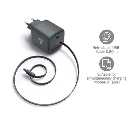 Încărcător cu cablu retractabil Power Delivery 30 W, 2 x USB-C, negru
