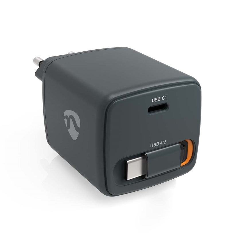 Încărcător cu cablu retractabil Power Delivery 65W, 2 x USB-C, negru