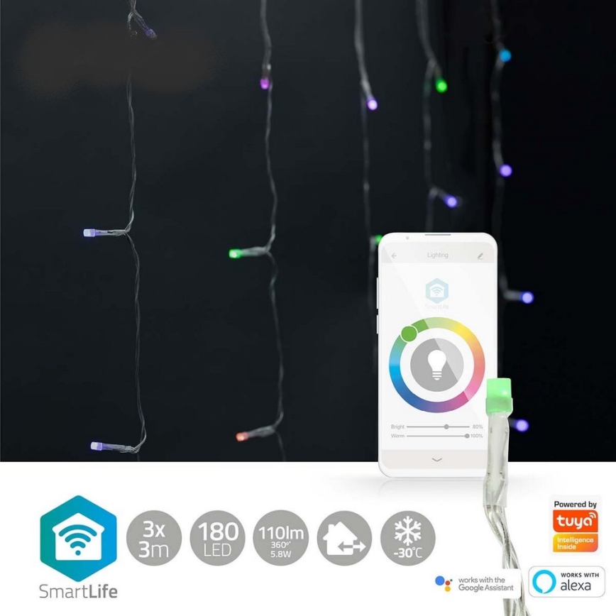 Perdea LED RGB, 180 x LED, 7 funcții, 6 m, IP65, Wi-Fi Tuya
