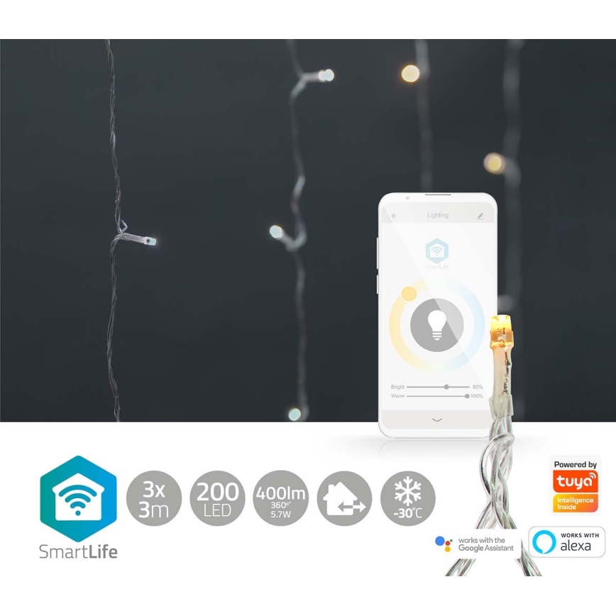 Perdea luminoasă LED de Crăciun, 200 LED, 11 funcții, 6 m, IP65, Wi‑Fi Tuya, alb reglabil (cald–rece)