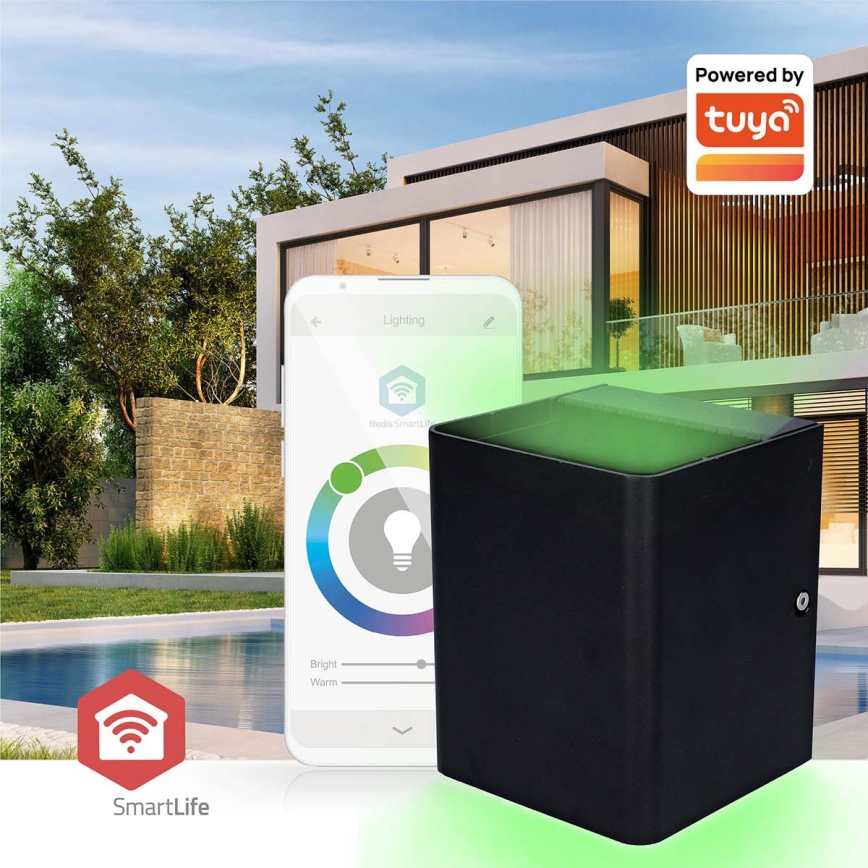 Aplica de perete pentru exterior LED RGBW dimerizabilă SmartLife — 12W, 230V, IP65, Wi‑Fi (Tuya), negru