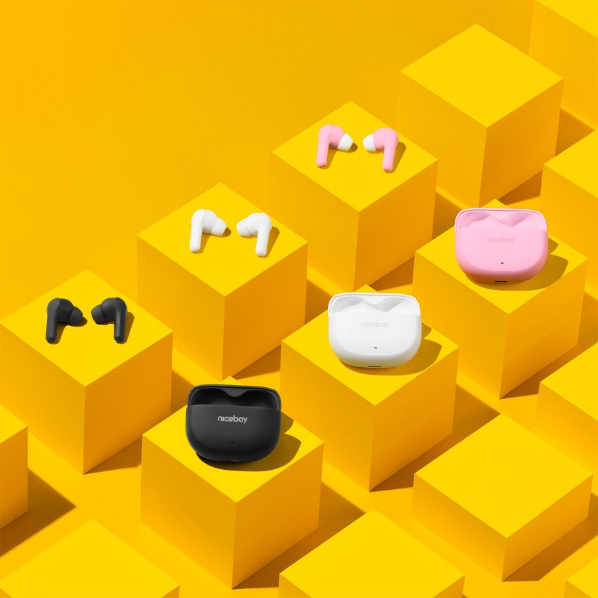 Niceboy Pins 4 - Căști wireless cu ANC, 400 mAh (carcasă) + 2 x 50 mAh (căști), IPX4, roz