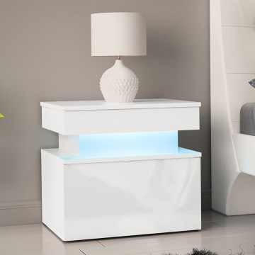 Noptieră GLOSSA cu iluminare LED, 51 x 55 cm, alb/alb lucios
