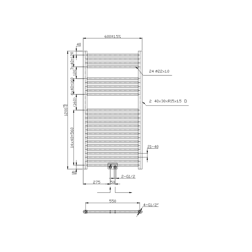 Novaservis - Radiator de baie tip scară, 120 x 60 cm, 644 W / 230 V, drept, negru
