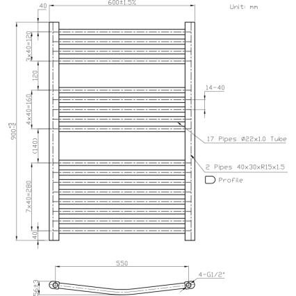 Novaservis - Radiator de baie tip scară 478W/230V 90x60 cm alb, cu colțuri rotunjite