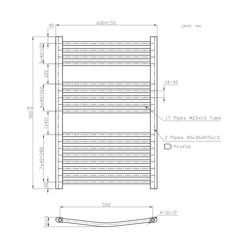 Novaservis - Radiator de baie tip scară 478W/230V 90x60 cm alb, cu colțuri rotunjite