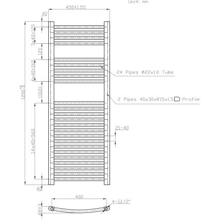 Novaservis - Radiator de baie tip scară, 490 W/230 V, 120 x 45 cm, alb, model rotunjit