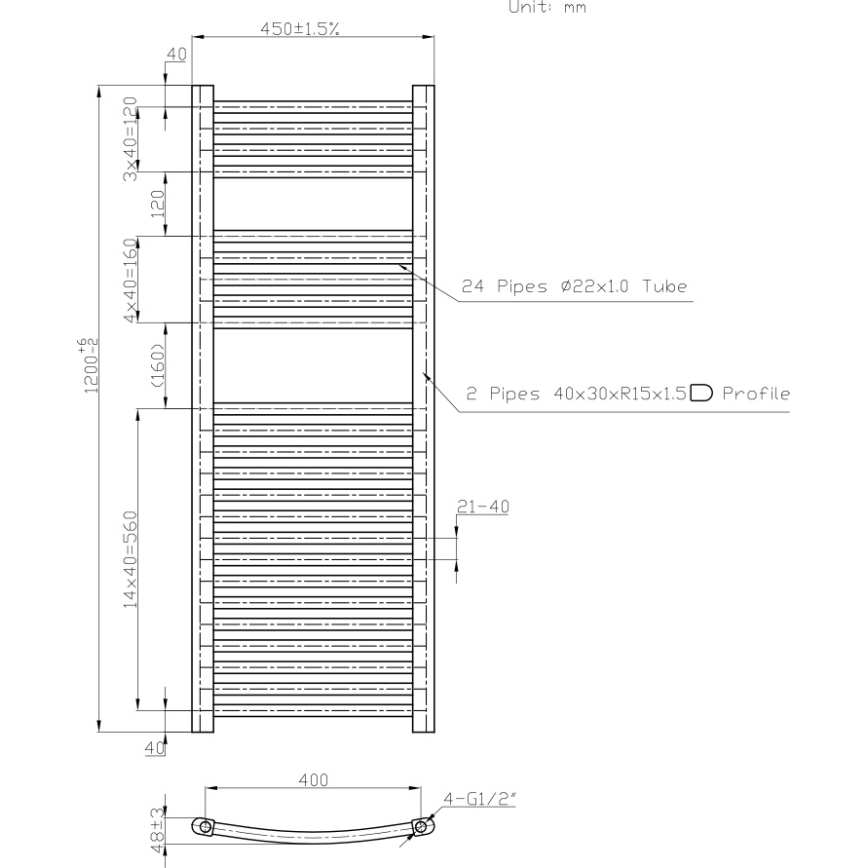 Novaservis - Radiator de baie tip scară, 490 W/230 V, 120 x 45 cm, alb, model rotunjit