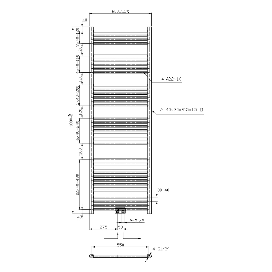 Novaservis - Radiator tip scară pentru baie 630 W/230 V, 180 x 60 cm, crom lucios, drept