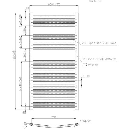 Novaservis - Radiator de baie tip scară, 644 W / 230 V, 120 x 60 cm, alb, rotunjit