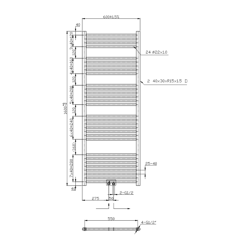 Novaservis - Radiator de baie tip scară 836W/230V 160x60 cm negru, drept