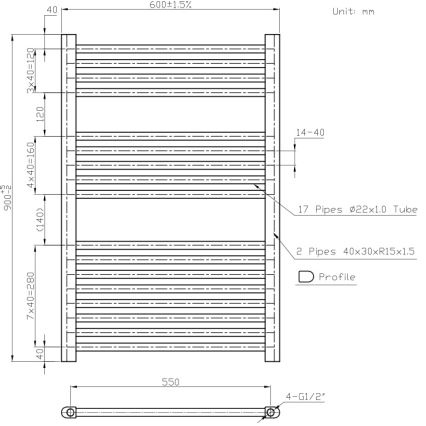 Novaservis - Radiator de baie tip scară, 90 x 60 cm, 478 W, 230 V, alb, drept