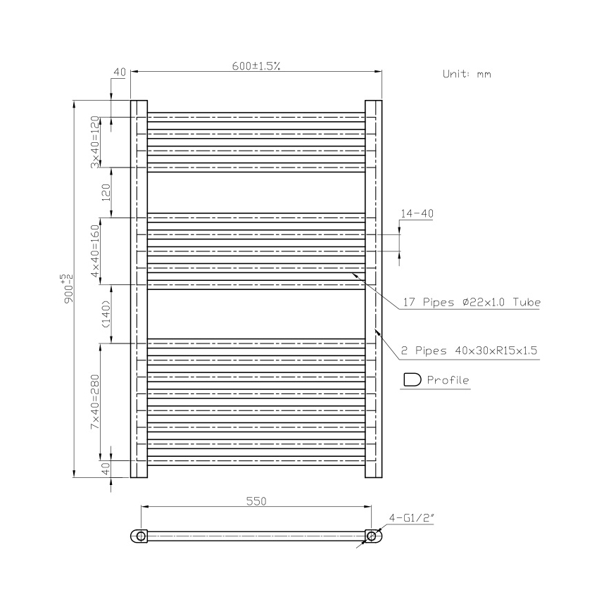 Novaservis - Radiator de baie tip scară, 90 x 60 cm, 478 W, 230 V, alb, drept