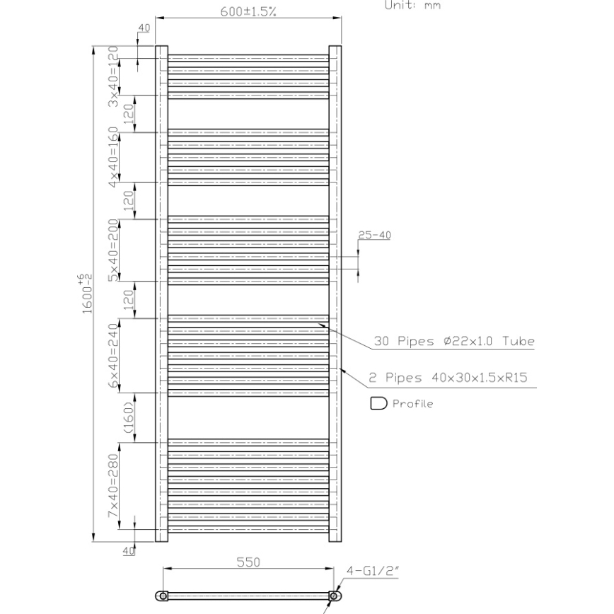 Novaservis - Radiator de baie tip scară, drept, 836 W / 230 V, 160 x 60 cm, alb