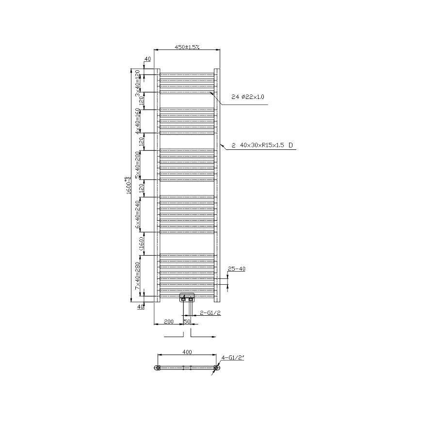 Novaservis - Radiator pentru baie, tip scară, 648W/230V, 160x45 cm, negru, drept