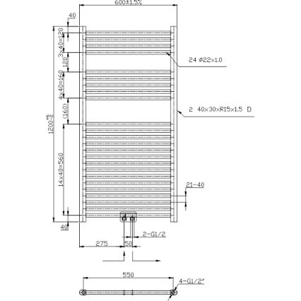 Novaservis - Radiator de baie tip scară, drept, crom lucios, 423 W / 230 V, 120 x 60 cm