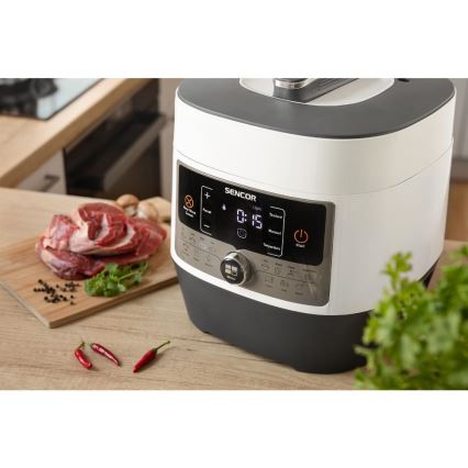 Oală electrică multifuncțională sub presiune Sencor 5,5 l 1000W/230V alb/negru