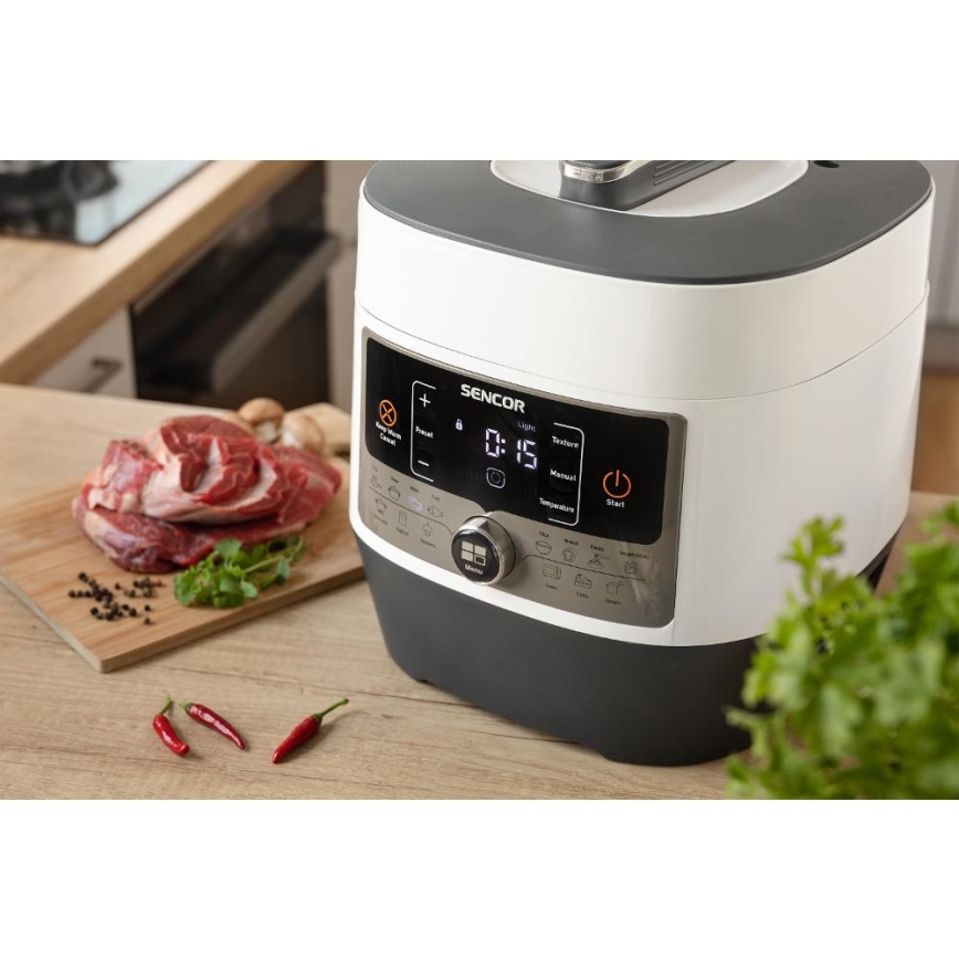 Oală electrică multifuncțională sub presiune Sencor 5,5 l 1000W/230V alb/negru