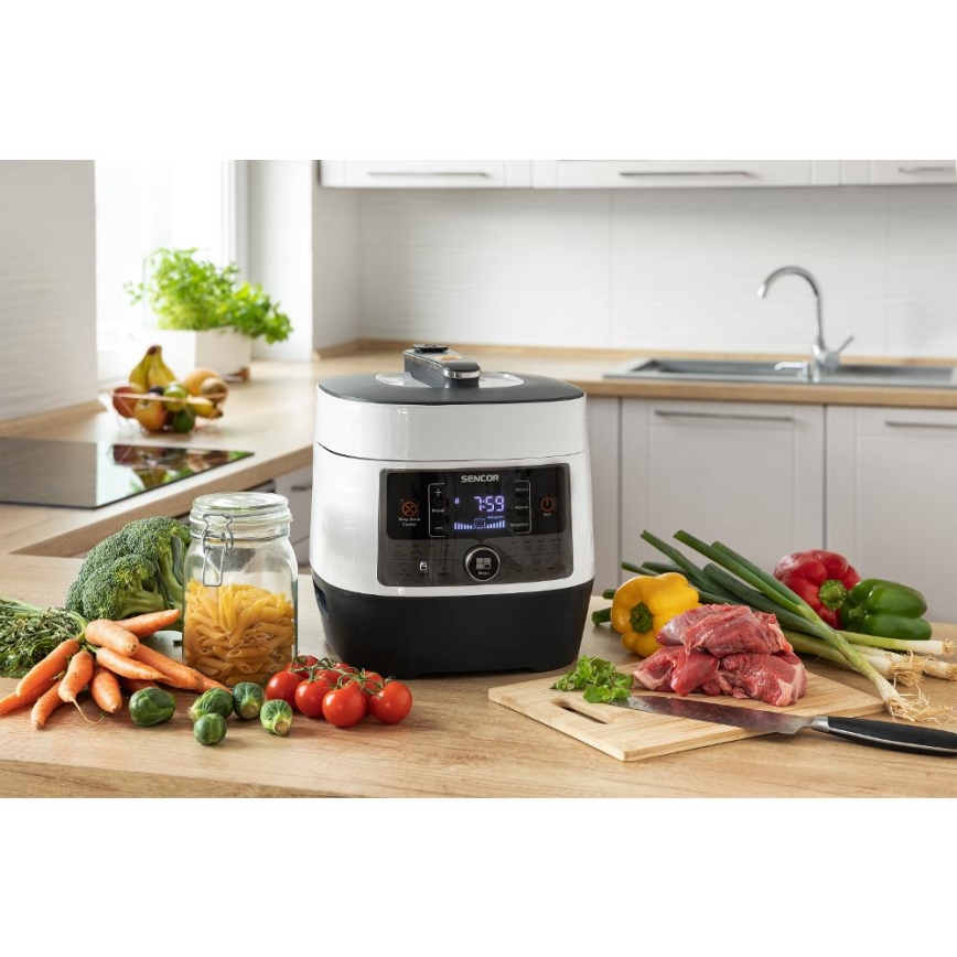 Oală electrică multifuncțională sub presiune Sencor 5,5 l 1000W/230V alb/negru