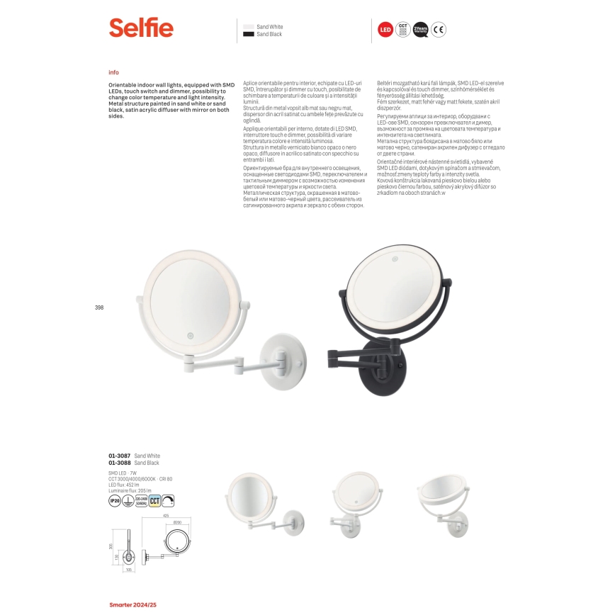 Oglindă LED cosmetică tactilă dimabilă Redo 01-3088 SELFIE LED/7W/230V 3000/4000/6000K alb