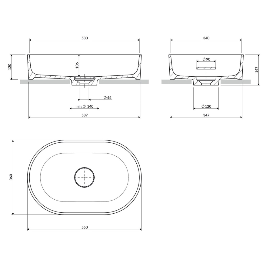 OMNIRES OVOUNAG - Lavoar pe blat OVO 55x36 cm dolomit/gri cenușiu mat
