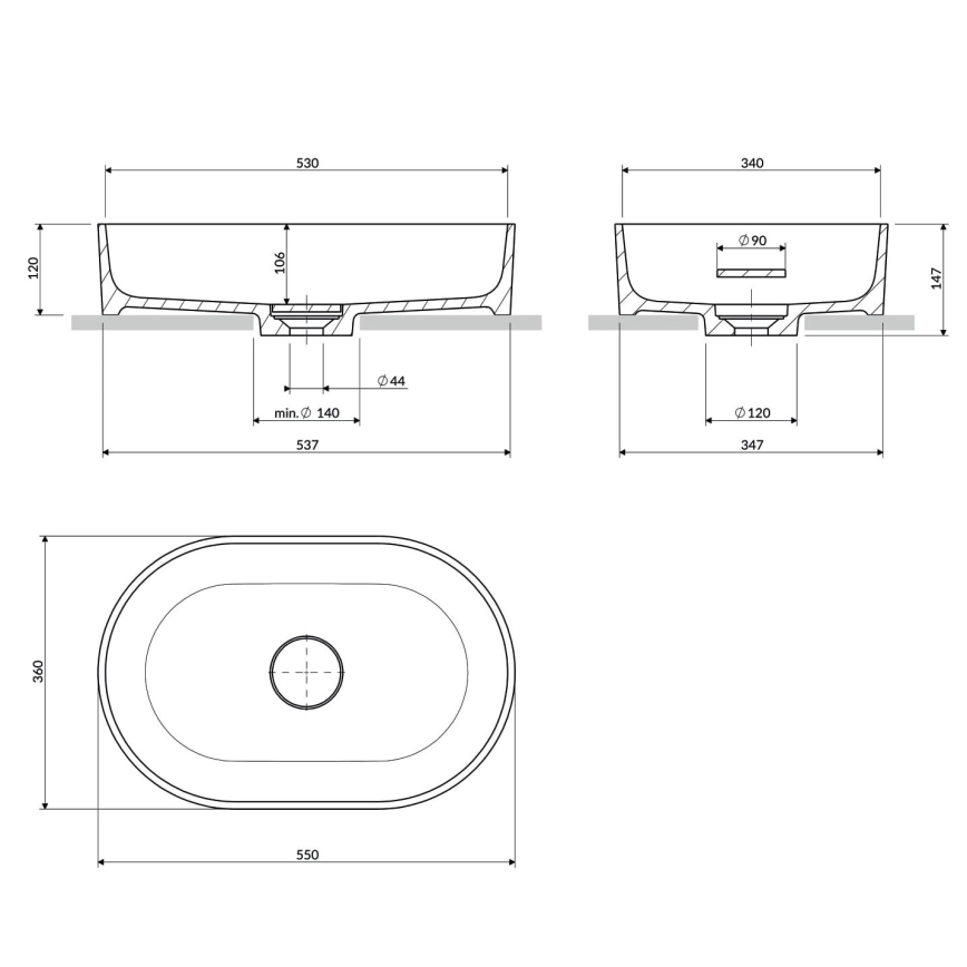 OMNIRES OVOUNBP - Lavoar pentru montare pe blat OVO 55x36 cm dolomit/alb lucios