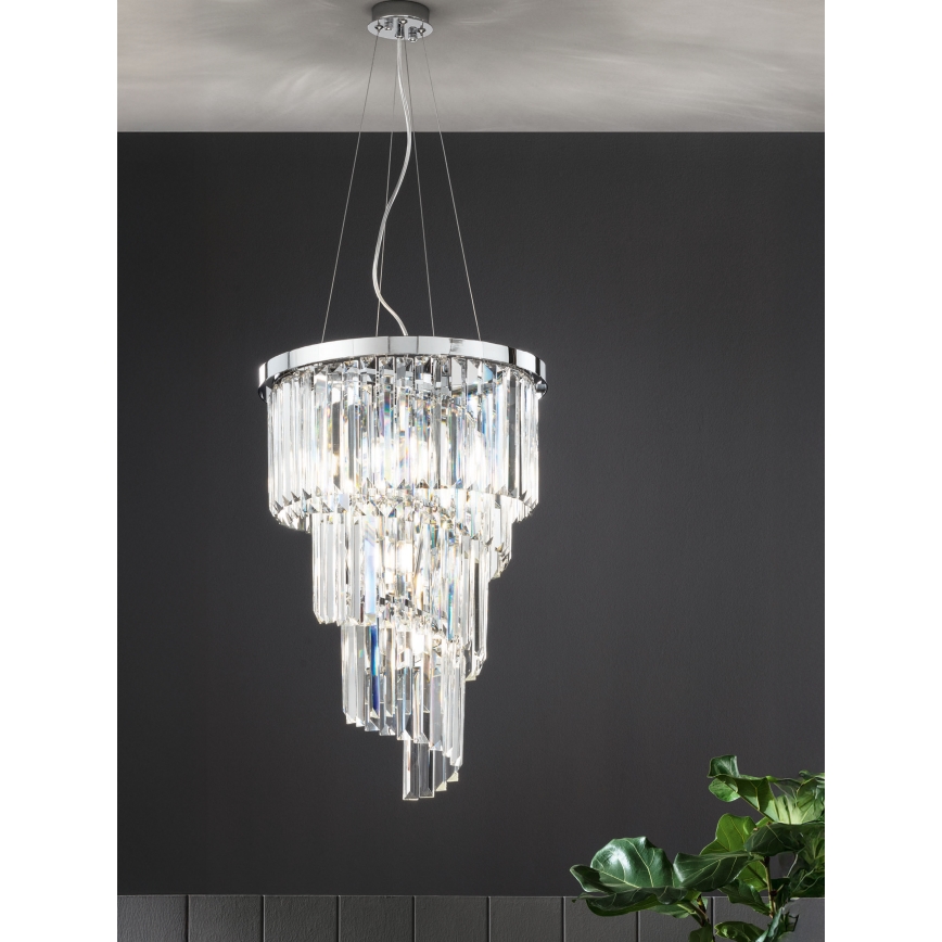Ondaluce - Candelabru suspendat pe cablu cu cristale ALEXANDER, 7 x E14, 10W, 230V, Ø 40 cm, crom lucios / cristal clar