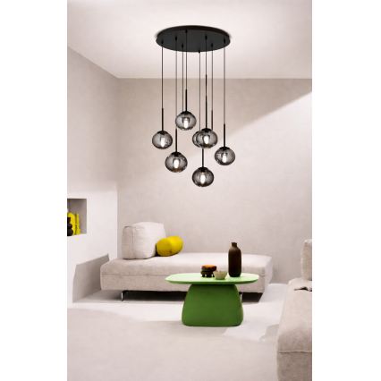 Ondaluce - Candelabru suspendat pe cablu JEWEL 8xE14/10W/230V, Ø 70 cm, negru/fumuriu