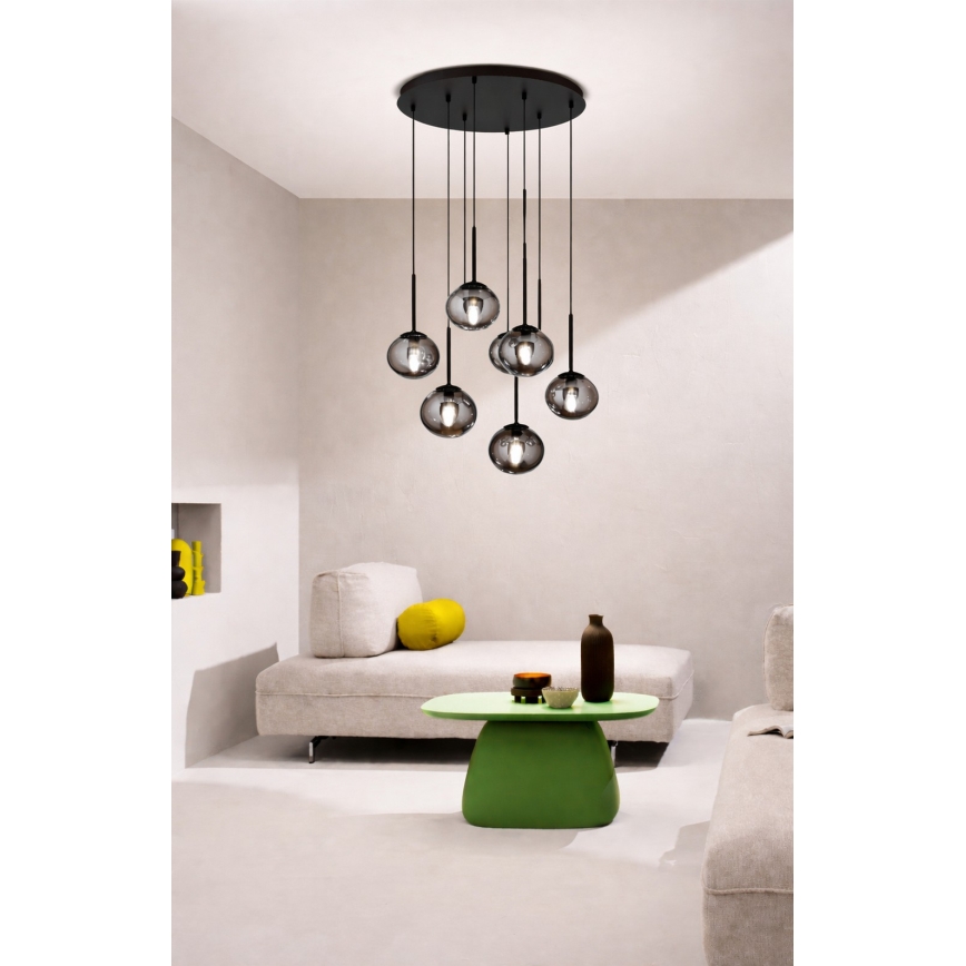Ondaluce - Candelabru suspendat pe cablu JEWEL 8xE14/10W/230V, Ø 70 cm, negru/fumuriu
