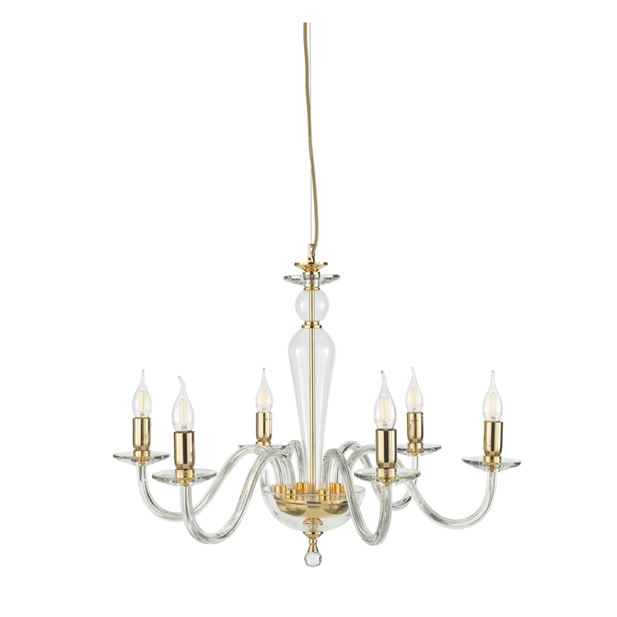 Ondaluce - Candelabru suspendat pe cablu PAGANINI 6xE14/10W/230V Ø 70 cm auriu/sticlă transparentă