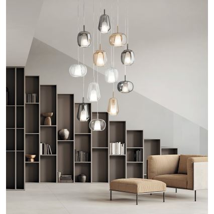 Ondaluce - Lustră suspendată pe cablu THELMA, 1xE27/15W/230V, Ø 25 cm, auriu/bej fumuriu