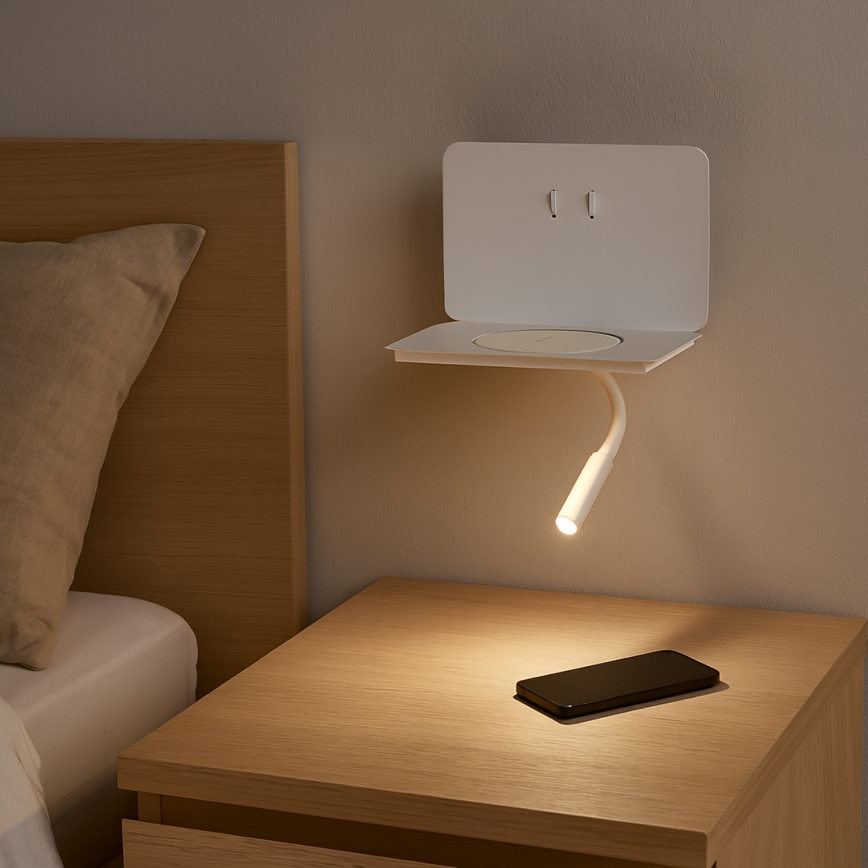 ONLI WIK – Lampă flexibilă LED cu poliță și încărcare wireless QI, LED/6,5W/230V + LED/3W, albă