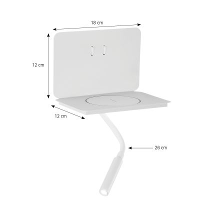 ONLI WIK – Lampă flexibilă LED cu poliță și încărcare wireless QI, LED/6,5W/230V + LED/3W, albă