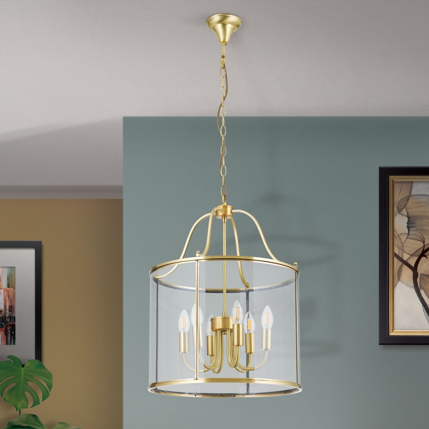 Candelabru BRUNO pe lanț, 6x E14, 40 W/bec, 230 V, Ø 43 cm, auriu