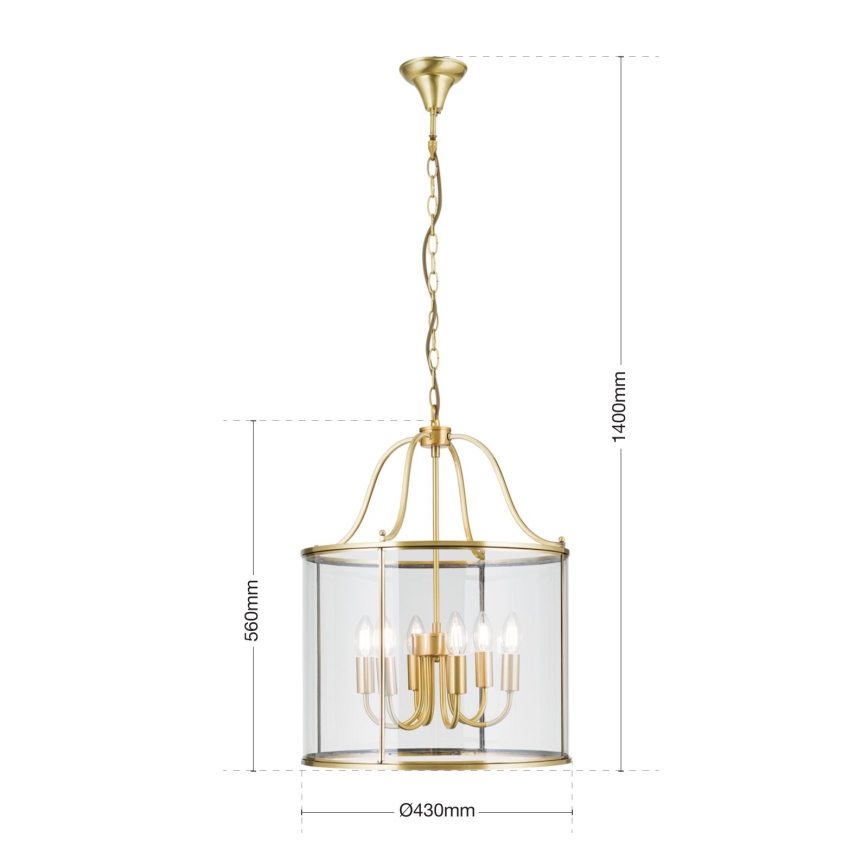 Candelabru BRUNO pe lanț, 6x E14, 40 W/bec, 230 V, Ø 43 cm, auriu