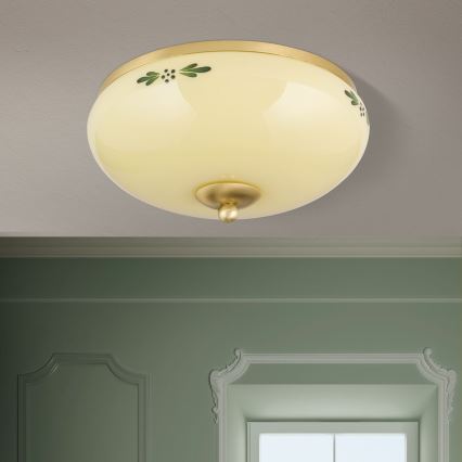 Plafonieră LANDHAUS 2xE27/60W/230V Ø 28 cm alamă/bej/verde
