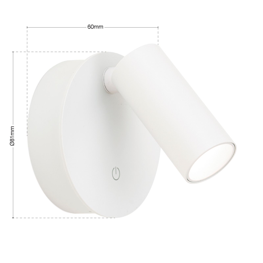 LUXY Aplica spot LED de perete, reglabilă, reîncărcabilă, cu control tactil, LED/1W/5V, 2200 mAh, 2700/3000/4000K, alb
