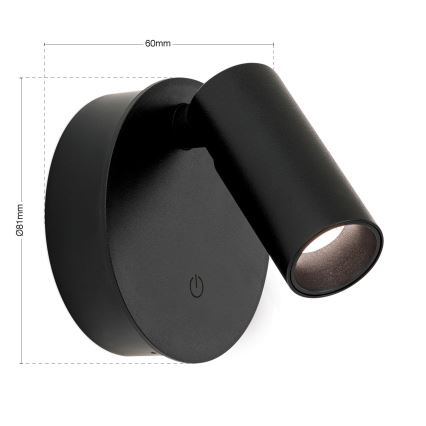 Spot de perete LED LUXY, dimabil, reîncărcabil, cu comandă tactilă, LED 1W/5V, 2200 mAh, 2700/3000/4000K, negru