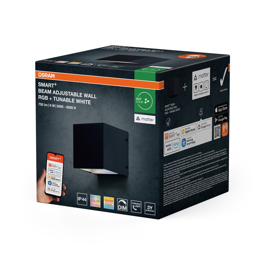 Osram - SMART+ BEAM Aplica de perete pentru exterior LED RGBW reglabilă, 8W/230V, 3000-6500K, IP44, Wi-Fi